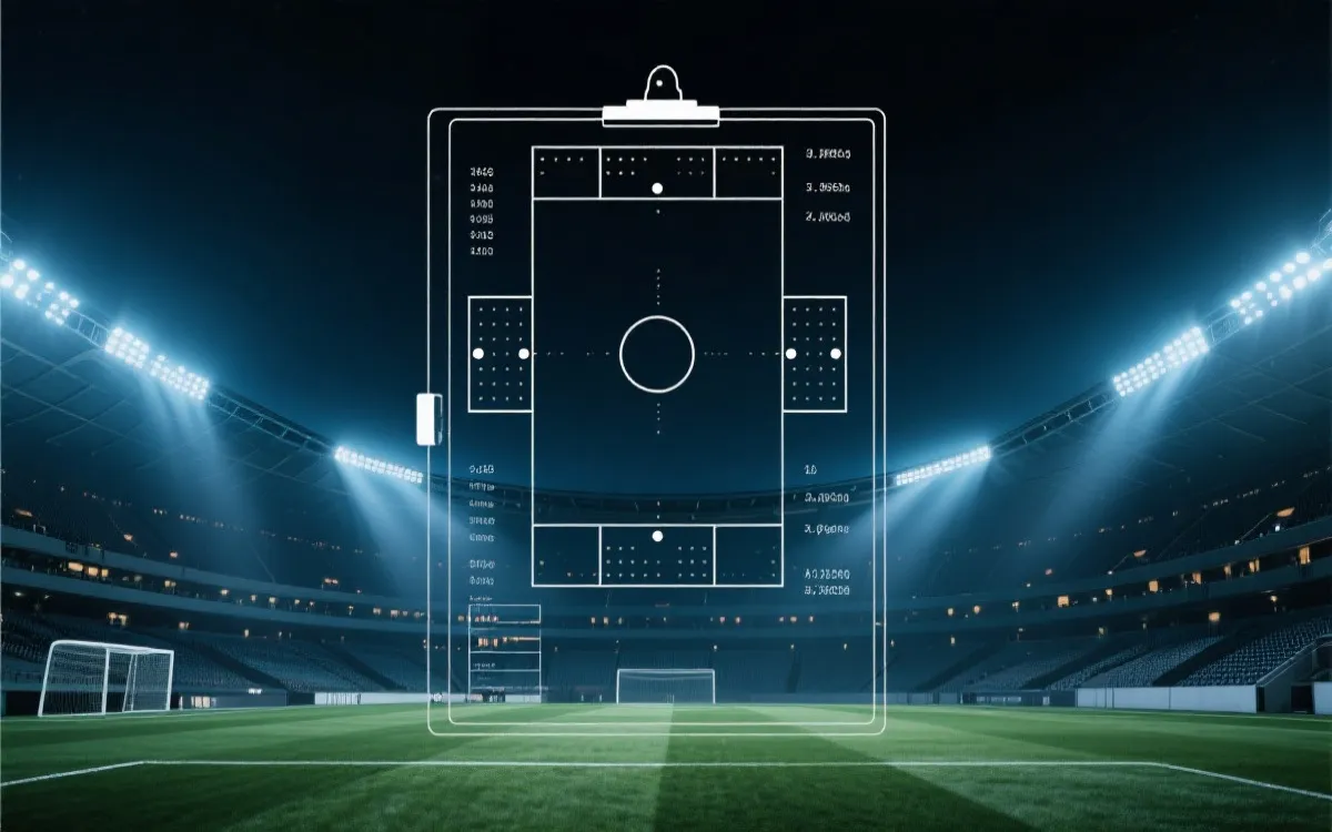现代世界杯球场夜景与战术板叠加，数据感与激情并存
