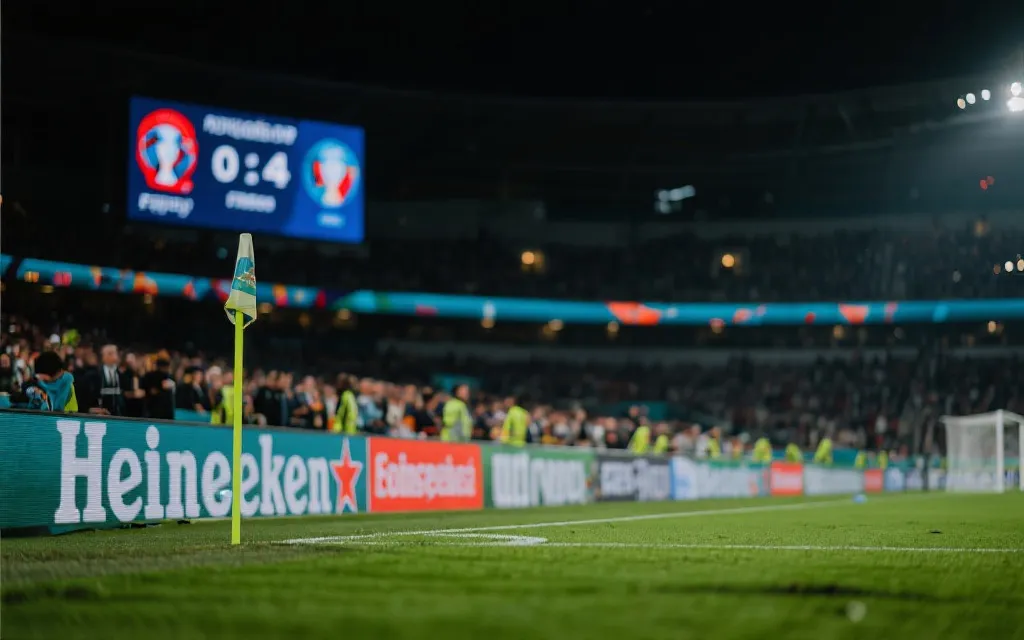 世界杯淘汰赛夜晚球场与比分牌，紧张氛围